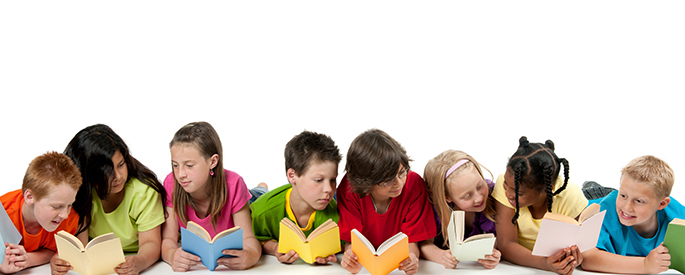 A line of children reading books